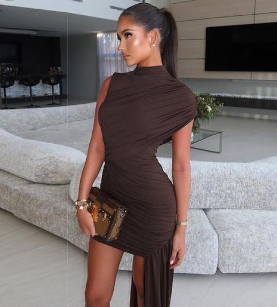 Brown high neck ruched mini dress